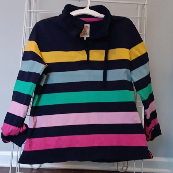 Joules Saunton 12 Women's Striped Top - Navy, Yellow, Green, Pink funnel neck - Picture 2 of 3